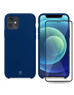 iPhone 12 Coque Liquid Silicone + Verre trempé - Bleu Marine | Ibroz