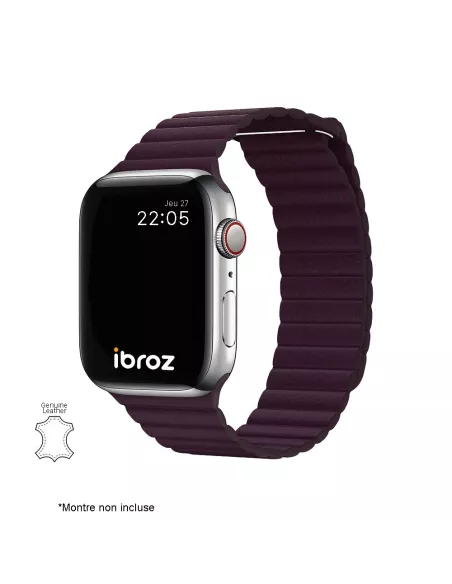 Bracelet en Cuir véritable Apple Watch 7, 6, SE, 5, 4, 3 - Cerise N...