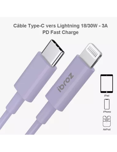 Câble iPhone, iPad, AirPod - Lightning vers USB-C (30W-3A) - Fast C...