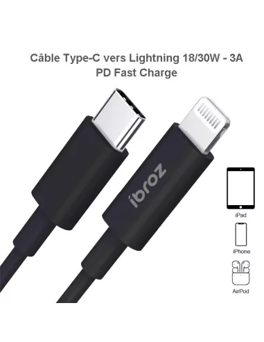 Câble iPhone, iPad, AirPod - Lightning vers USB-C (30W-3A) - Fast C...