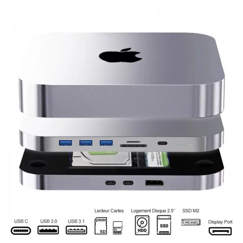 Dock HUB Mac Mini MC25 Pro DP - Extension Mémoire 8 en 1 - SATA SSD - HDD 2.5’’ - SSD M2 - Double Ecran