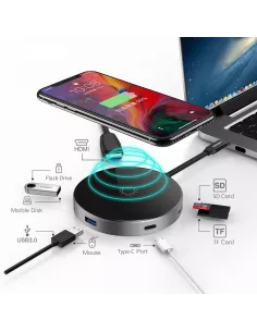 Chargeur ibroz sans fil à induction 15W + Hub 6 en 1 - HDMI 4K + 3 USB-C - USB-C 100W + Lecteur SD 2