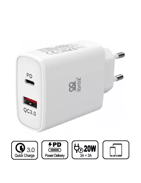 ibroz-Adapter Ultra Fast USB 20W Mains Charger - USB-A (QC 3.0) and USB-C (PD-20W) - white