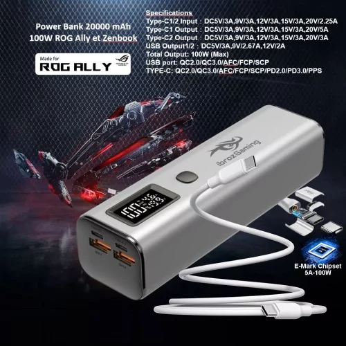 ROG Ally Power Bank - 20000 mAh External Battery - 100W, USB-C - Led  Display - 4 Ports - Unlimited Power