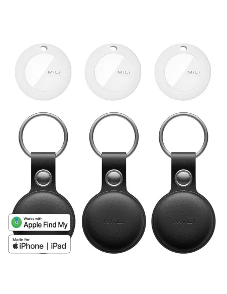 MiLi MiTag tracker Pack of 3 + Leather Keyring Case - Black | Ibroz