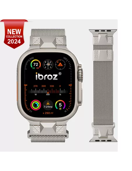 ibroz - Bracelet Mecha en maille milanaise Apple Watch Ultra et Serie 9, 8, 7, 6, SE - Starlight