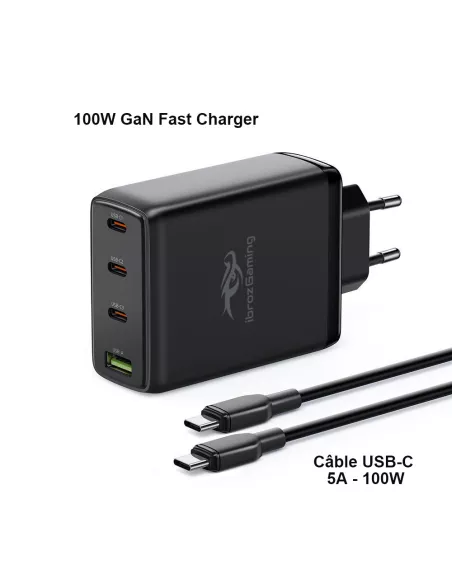 ibroz - Chargeur Secteur Mural GaN 100W 4 ports pour PC Portable, Console de jeux, Tablettes et Smartphones