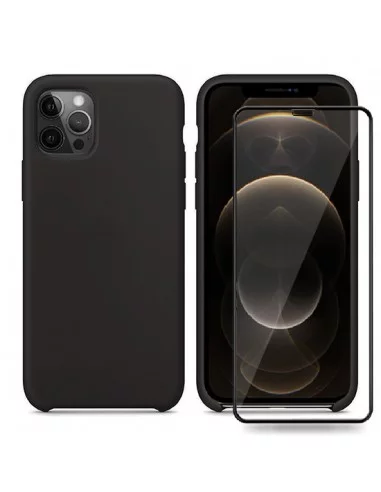 iPhone 12 et 12 Pro Coque Liquid Silicone + Verre trempé - Noir
