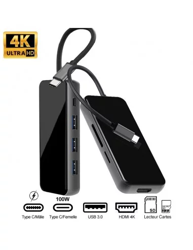 Hub 7 en 1 TIGER 7 - USB C vers PD Charge + 3 Ports USB 3.0 + HDMI 4K +  Lecteur SD/MicroSD