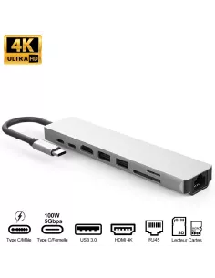Hub 8 en 1 TIGER 8 - USB C vers PD Charge + 2 Ports USB 3.0 + 2 Por...