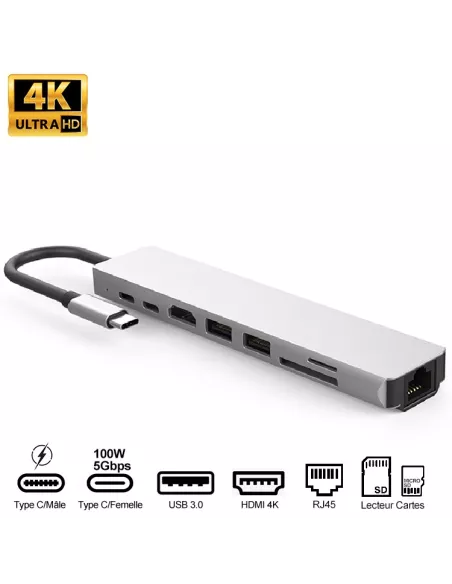Hub 8 en 1 TIGER 8 - USB C vers PD Charge + 2 Ports USB 3.0 + 2 Por...