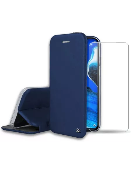 Oppo Reno 2Z Folio Clam Leather Case + Tempered Glass + Blue | Ibroz