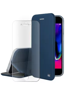 iPhone 7/8/SE (2020) Etui Cuir Folio + Verre Trempé 9H - Bleu | Ibroz