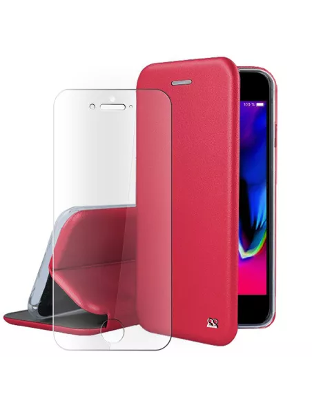 iPhone 7/8/SE (2020) Etui Cuir Folio + Verre Trempé 9H - Rouge | Ibroz