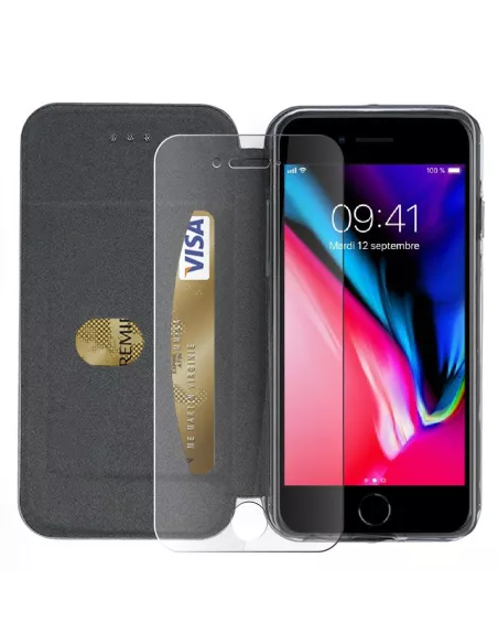 iPhone 7/8/SE (2020) Etui Cuir Folio + Verre Trempé 9H - Rouge | Ibroz