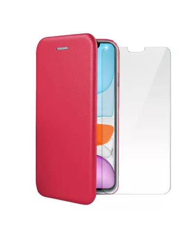 iPhone 11 Folio Leather Case + 9H Tempered Glass Screen Protector - Red...