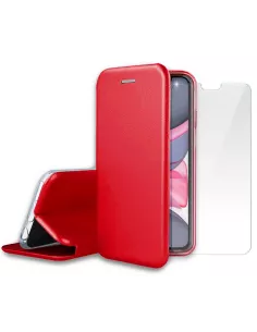 iPhone 11 Folio Leather Case + 9H Tempered Glass Screen Protector - Red...