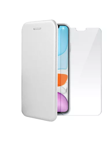 iPhone 11 Etui Cuir Folio + Protection écran Verre Trempé 9H - Blan...