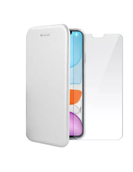 iPhone 11 Etui Cuir Folio + Protection écran Verre Trempé 9H - Blan...