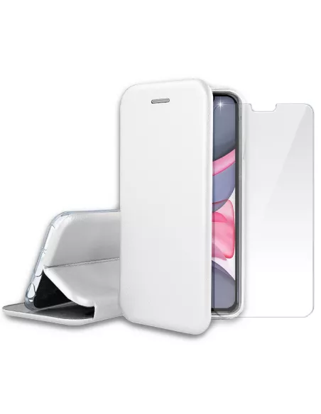 iPhone 11 Etui Cuir Folio + Protection écran Verre Trempé 9H - Blan...