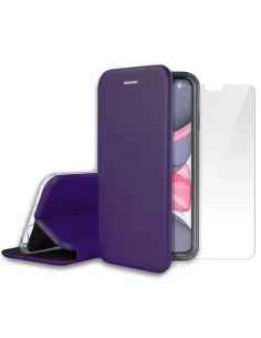 iPhone 11 Folio Leather Case + 9H Tempered Glass Screen Protector - Viol...