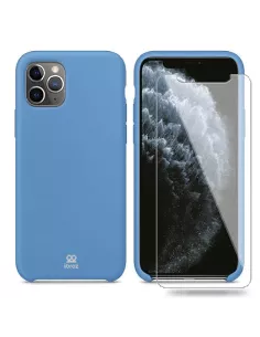 iPhone 11 Pro Max Coque Liquid Silicone + Verre trempé 9H - Bleu ci...