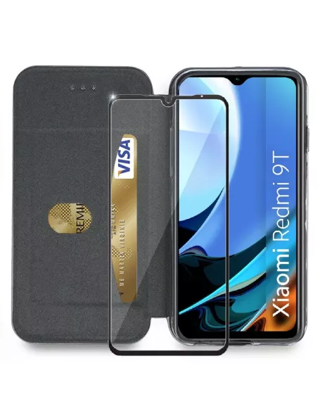 Xiaomi Redmi 9T Folio Clam Leather Case + 9H Tempered Glass - Blue | Ibroz