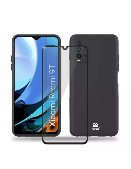 Xiaomi Redmi 9T Coque Liquid Silicone Soft Touch noir + Verre Tremp...