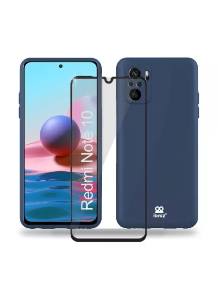 Xiaomi Redmi Note 10 Liquid Silicone Cover Soft Touch blue + Glass ...