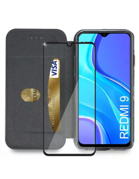 Xiaomi Redmi 9 Etui Cuir Folio Clam + Verre Trempé 9H - Bleu | Ibroz