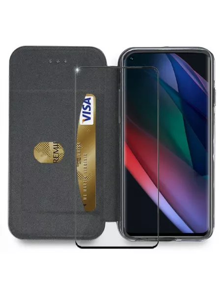 Oppo Find X3 Neo Leather Case Folio Clam + Tempered Glass 9H - Black | Ibroz