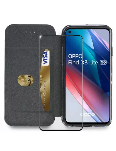 Oppo Find X3 Lite Folio Clam Leather Case + 9H Tempered Glass - Blue | I...