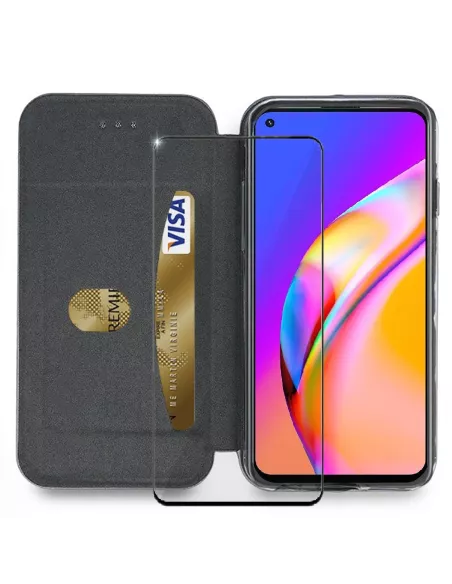 Oppo A94 Etui Cuir Folio Clam + Verre Trempé - Bleu | Ibroz