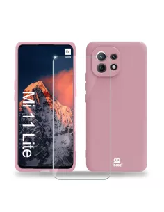 Xiaomi Mi 11 Lite Coque Liquid Silicone Soft Touch rose + Verre Tre...