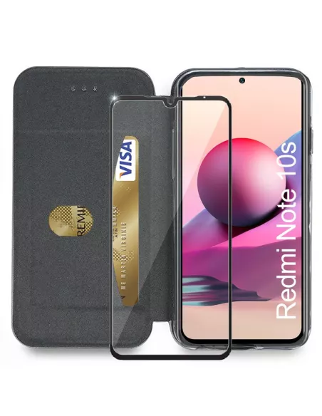 Xiaomi Redmi Note 10s Leather Case Folio Clam + 9H Tempered Glass - Pink...