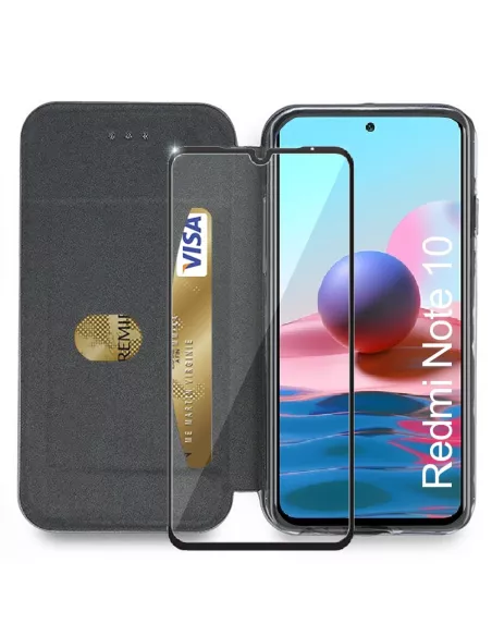 Xiaomi Redmi Note 10 Etui Cuir Folio Clam + Verre Trempé 9H - Noir ...