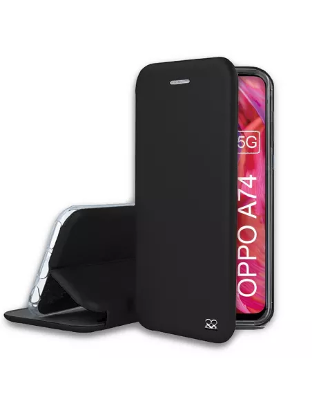 Oppo A74 Folio Clam Leather Case + Tempered Glass - Black | Ibroz