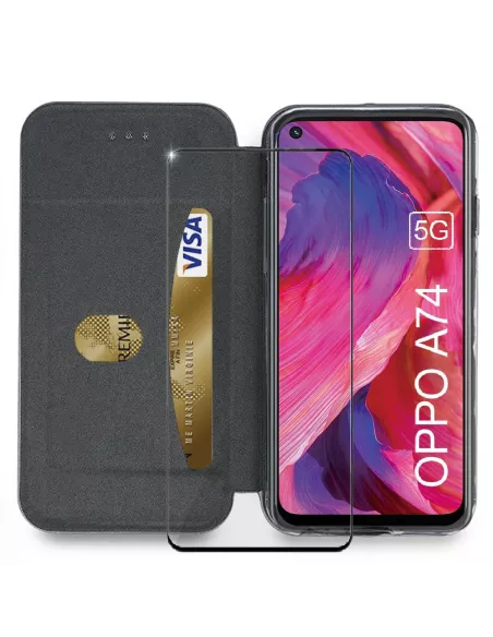 Oppo A74 Folio Clam Leather Case + Tempered Glass - Black | Ibroz