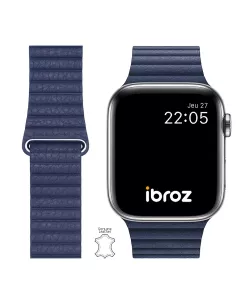 Bracelet en Cuir véritable Apple Watch 7, 6, SE, 5, 4, 3 - Bleu Mar...