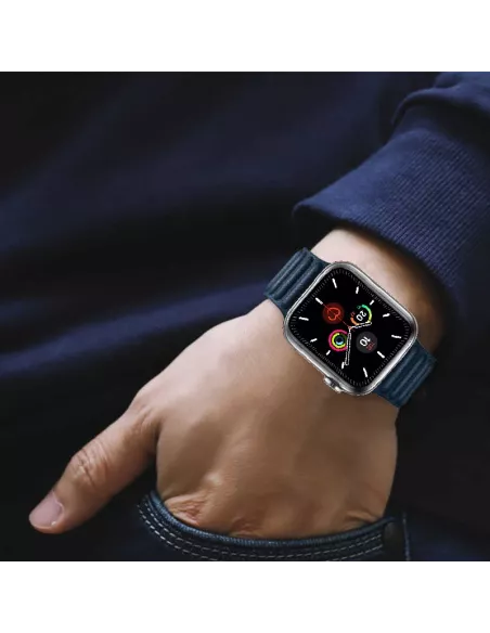 Bracelet en Cuir véritable Apple Watch 7, 6, SE, 5, 4, 3 - Bleu Mar...