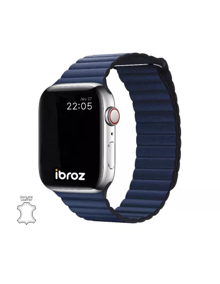 Bracelet en Cuir véritable Apple Watch 7, 6, SE, 5, 4, 3 - Bleu Mar...